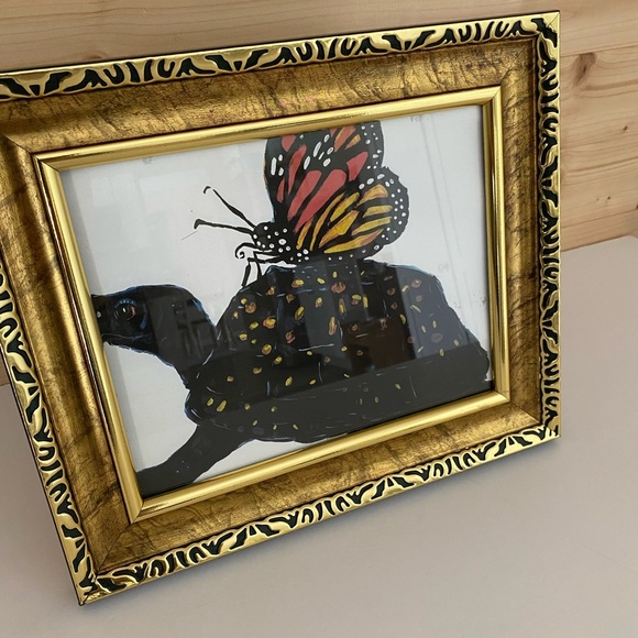 Gold Framed Plastic Wall Art Picture Turtle & Butterfly Nature Design Home Decor - Picture 3 of 9